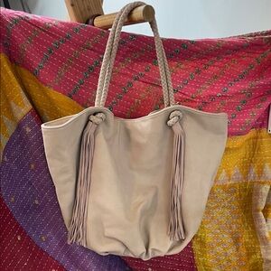 Chic Beige Tote Bag with Tassel Accents